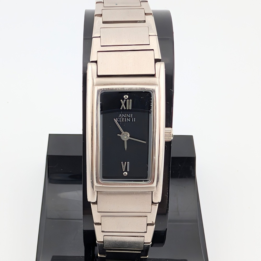 Anne Klein II Tank Black Dial Silver Tone Bracelet Watch 10/6067 Vintage Quartz